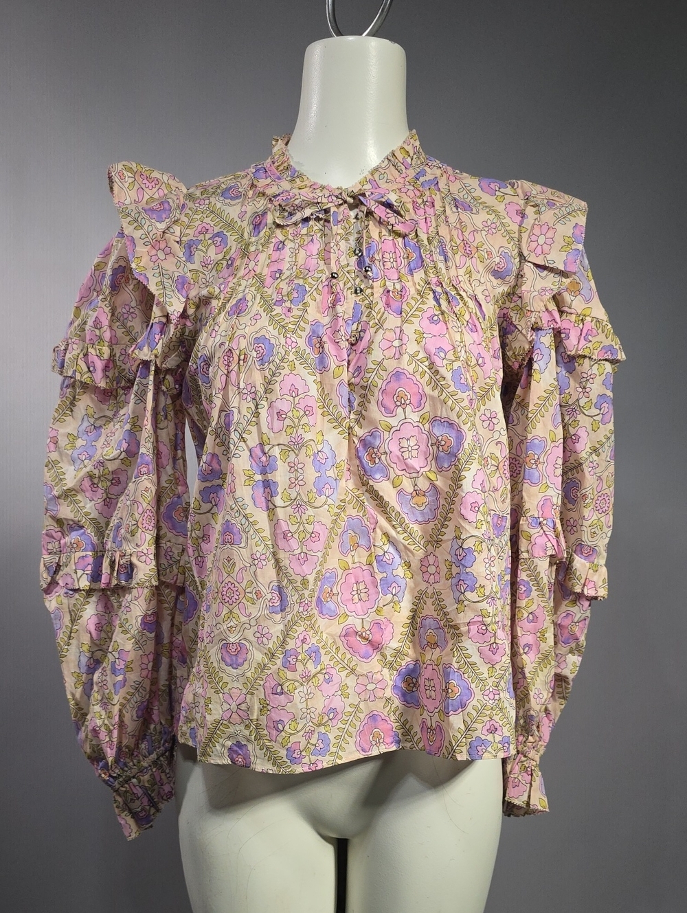 Karlie Pink, Cream & Lavender Floral Cold-Shoulder Ruffle Blouse R4